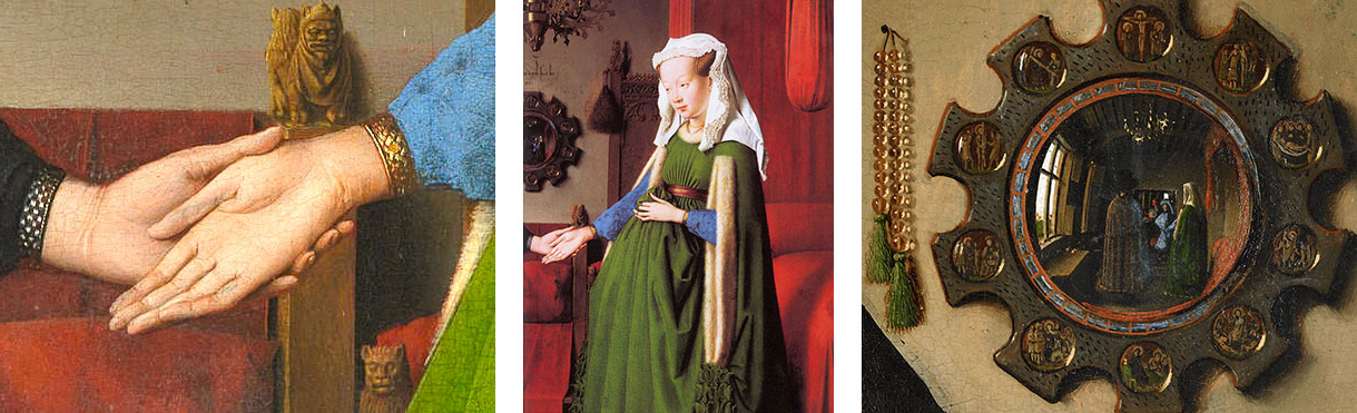 Painting Arnolfini Portrait by Jan van Eyck Details Hands Cloth Mirror